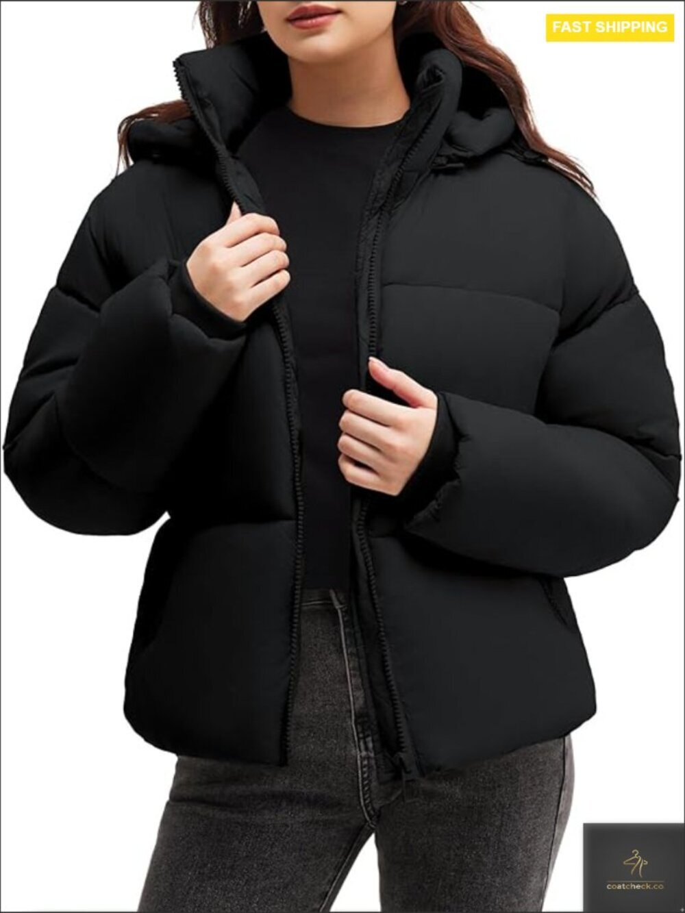 Cropped Puffer Jacket Lightweight Quilted Padded Coat Zip Up Detachable Hood